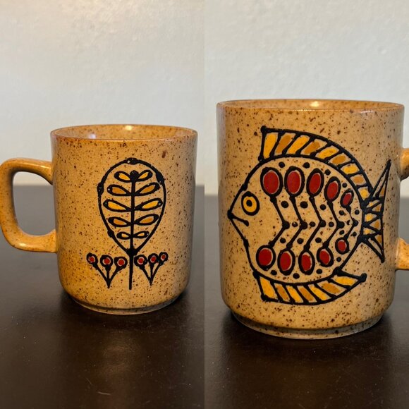 Vintage OTAGIRI Fish and Floral Tan Stoneware Mug with Brown Speckles - Picture 1 of 14
